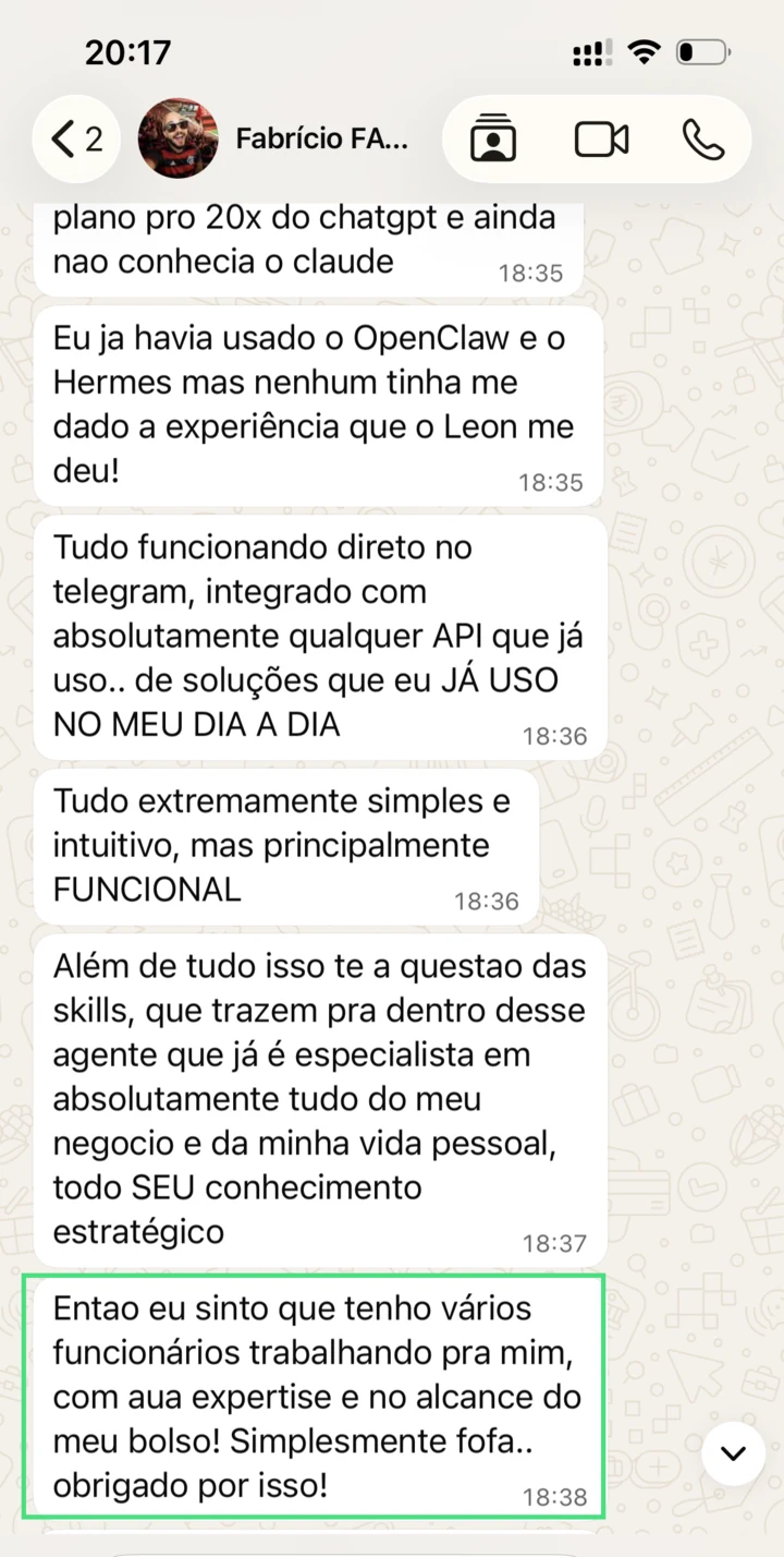 Mensagem de Fabrício sobre o LEON